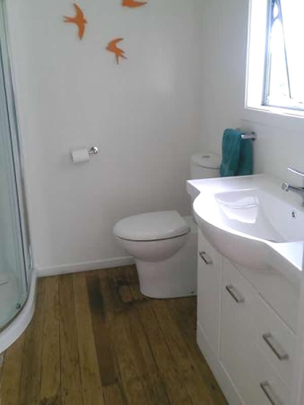 New Bathroom with polished rimu floors.